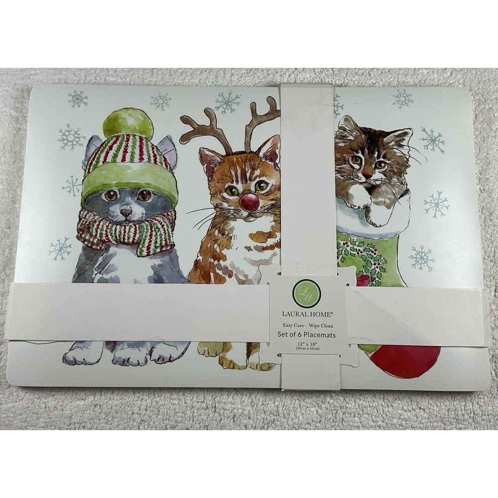 NEW Christmas Kitties Vinyl Placements 12"x18" Set of 6 Laural Home Easy Care